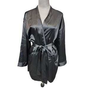 Victorias Secret Black Satin Shortie Robe Attached Belt Pockets One Size